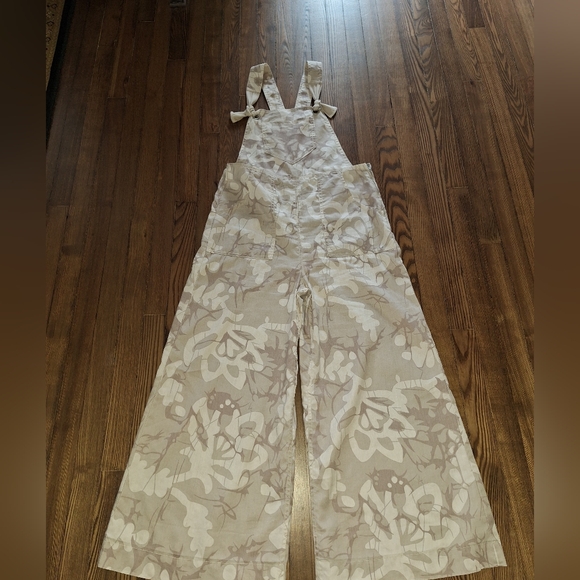 Anthropologie Maeve Wide Leg Linen Printed Tie Overalls Ivory Beige Flower - Picture 7 of 10